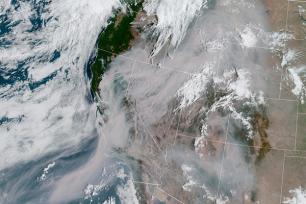 An August 2020 satellite image captured an image of wildfire smoke covering a portion of the west coast