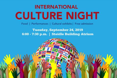 The 2019 International Culture Night will be held Tuesday, September 24 in the Atrium of the Steidle Building