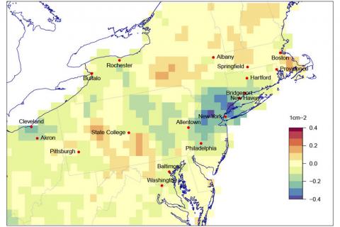 A map showing the difference in nitrogen dioxide concentrations in the northeast U.S. for April 20 and the previous 4 years 