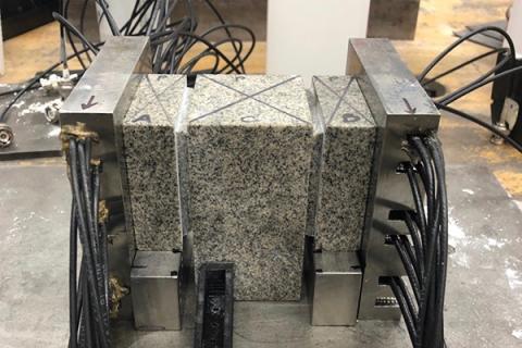 Double-direct shear configuration consisting of three granite blocks. 