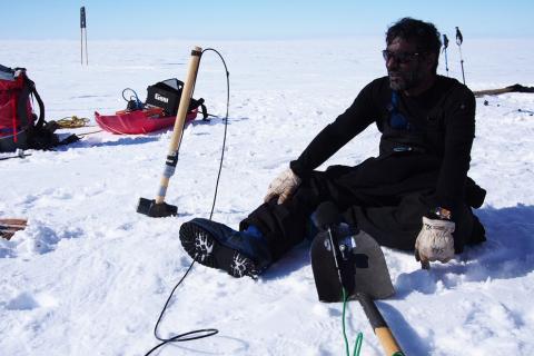Sridhar Anandakrishnan, professor of geosciences, collects data in Antarctica.
