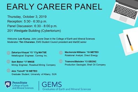 The College of Earth and Mineral Sciences’ GEMS Showcase will feature an early career panel with recent alumni