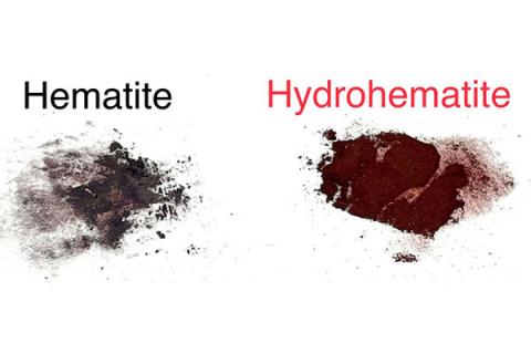 Hydrohematite (right) is a brighter red than anhydrous hematite (left).