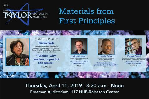 The 2019 Nelson W. Taylor Lecture Series in Materials Science and Engineering will be held on the University Park campus. 