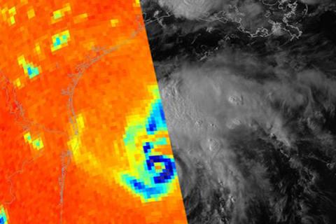 Microwave brightness temperature on top of visible reflectance for Hurricane Harvey before its landfall in Texas