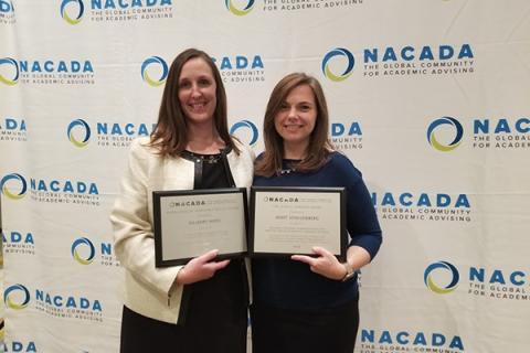 Hilleary Himes, left, recently accepted awards from NACADA: The Global Community for Academic Advising