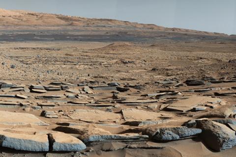 A view from the base of Mars' Mount Sharp taken by the Curiosity rover. 