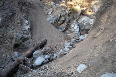 A stream channel showing accumulation of fine sediment following the 2009 Station Fire in California 