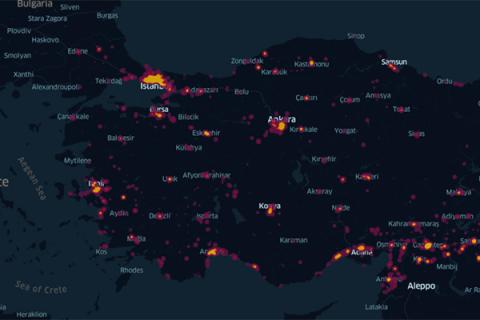 This heat map shows the volume of calls from refugees to non-refugees in Turkey from January to early March, 2017.