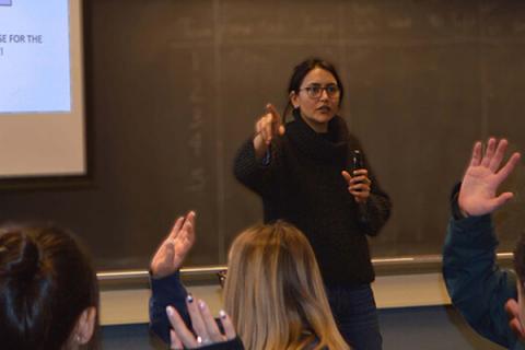 Saumya Vaishnava, shown here in this pre-pandemic photo, gets students actively involved when she teaches