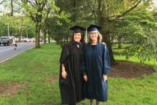 Christine Stallard, right, stands next to Haley Sankey, instructor in energy and sustainability policy (ESP) in the John and Willie Leone Family Department of Energy and Mineral Engineering, prior to the spring 2017 commencement ceremonies.