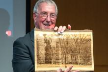 William Easterling received an etching of Old Main and the Obelisk from the Penn State Elms Collection