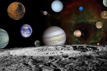 A solar system montage of the nine planets and four large moons of Jupiter in our solar system