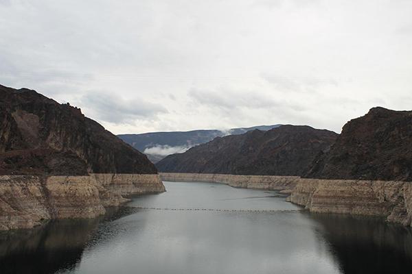 The white line, or "bathtub ring," shows how far water levels have fallen at Lake Mead on the Colorado River