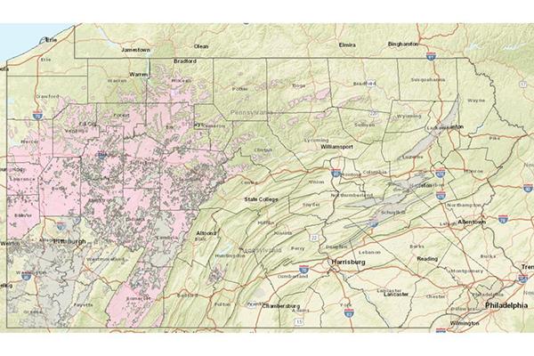 The gray and pink areas shown on the map of Pennsylvania indicate coal fields.