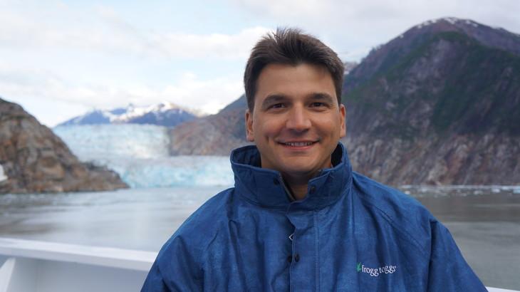 Penn State DuBois Associate Professor of Mathematics and Geosciences Byron Parizek during an excursion to Sawyer Glacier in Alaska.