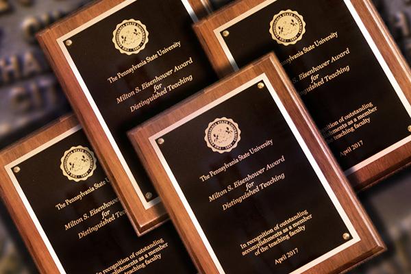 Plaques for Penn State's 2017 faculty and staff awards.