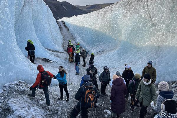 Students participating in the GREEN Program hike Sólheimajökull glacier over spring break. 