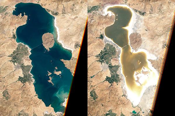 Aerial photos show that Lake Urmia, also known as Orumiyeh, in Iran, has steadily decreased in size. 