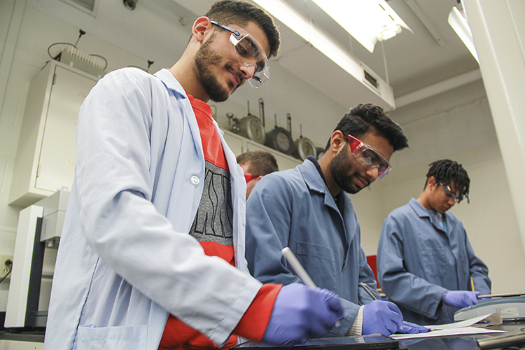 Three male students working in lab