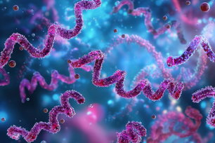 Treponema pallidum, represented in this illustration as purple corkscrews, is the bacterium that gives rise to syphilis