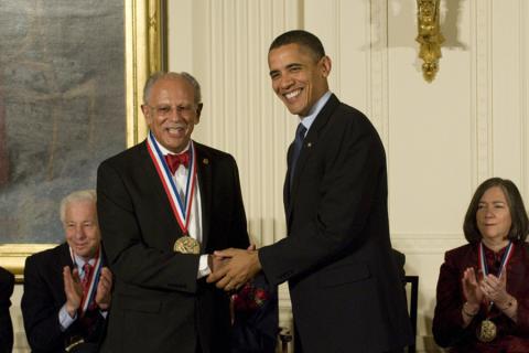 Warren Washington receives the National Medal of Science from President Barack Obama in 2010.