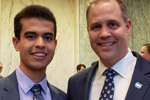 Pablo Franco Almonte, a 2020-21 PSGC Undergraduate Scholar from Penn State Berks, poses with NASA Administrator Jim Bridenstine 