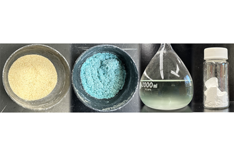 In this collage, from left, is: spodumene, the mineral concentrate containing the lithium to be extracted; spodumene roasted with sodium hydroxide; leach solution, or the liquid leaching lithium from the roasted mixture; and the final product of lithium carbonate.