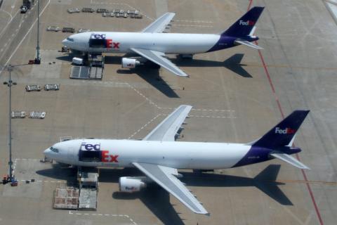 Cargo planes being loaded at Memphis International Airport