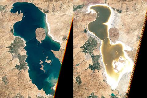 Aerial photos show that Lake Urmia, also known as Orumiyeh, in Iran, has steadily decreased in size.