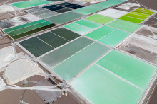 Fields of evaporation ponds used to extract lithium in the Atacama desert in Chile, South America.