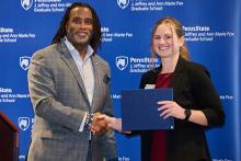 Tricia Hart, nutritional sciences doctoral candidate, received the first-place award in the 2025 Penn State Three Minute Thesis competition
