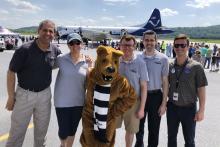 Jon Nese, Marisa Ferger, the Nittany Lion, Rob Lydick, Steve Seman and John Banghoff attend a hurricane awareness event 